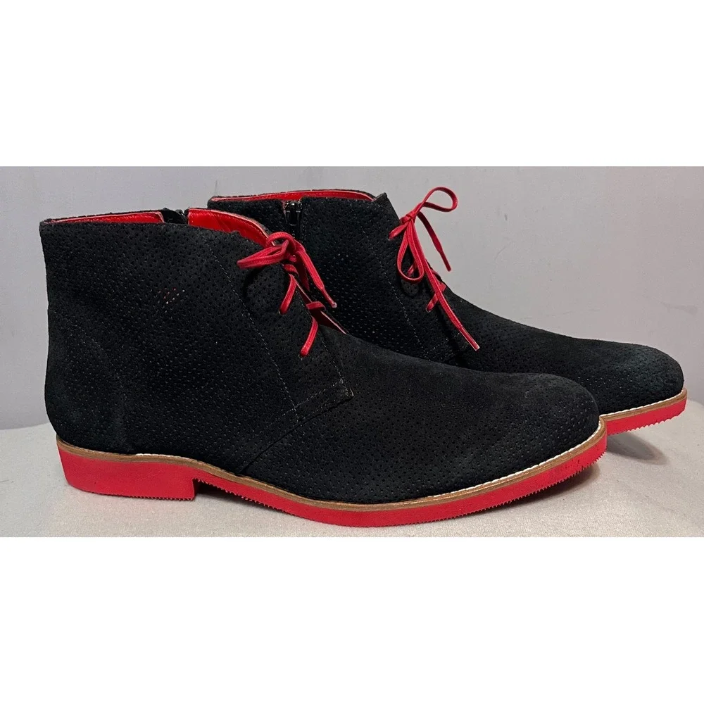 Girotti Mens Black Perforated Suede Red Sole Chukka Boots Side Zip‎ Size  READ
